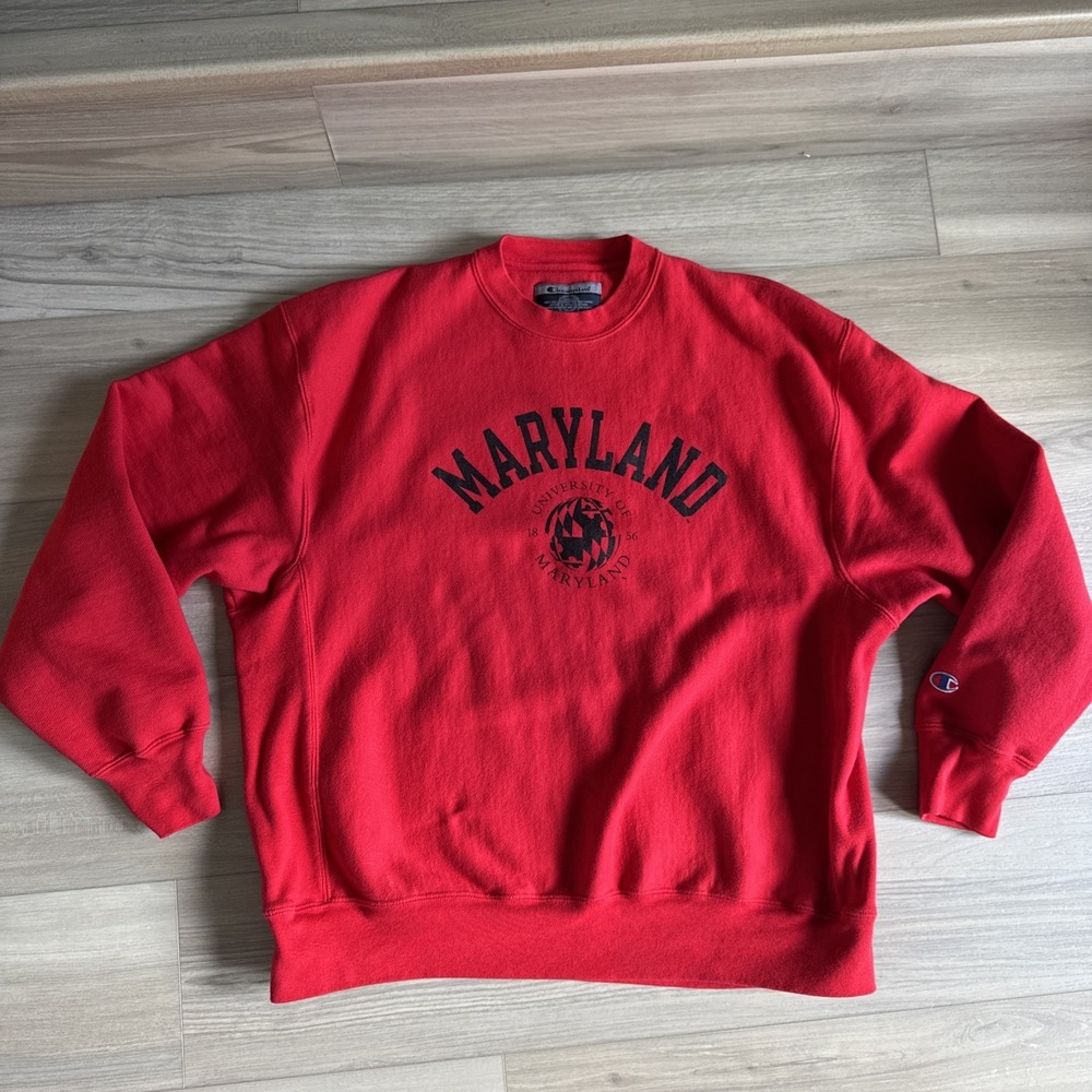 Vintage Champion University Of Maryland Crewneck Sweatshirt Pullover Red Sz‎ L